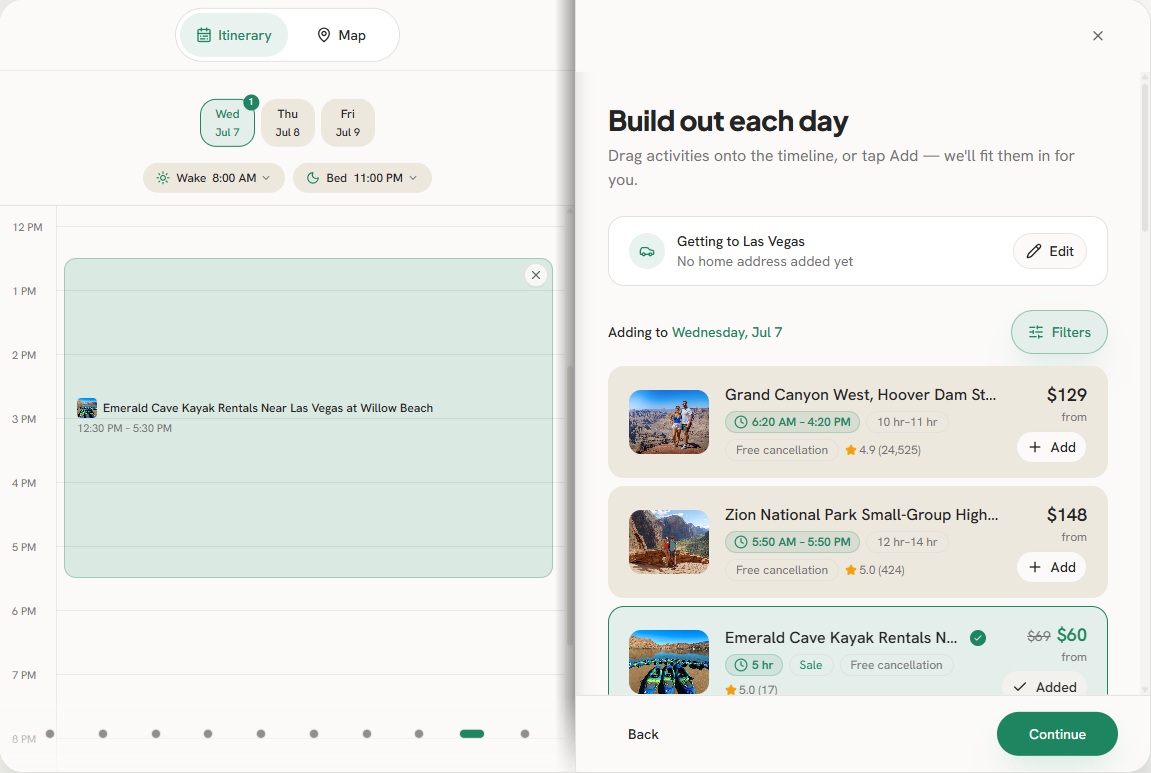 Trip planner showing activities on a day schedule