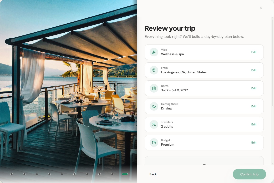 Trip planner showing a full itinerary summary
