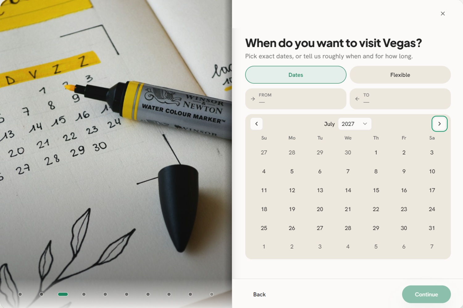 Trip planner showing interest, date, and traveler choices